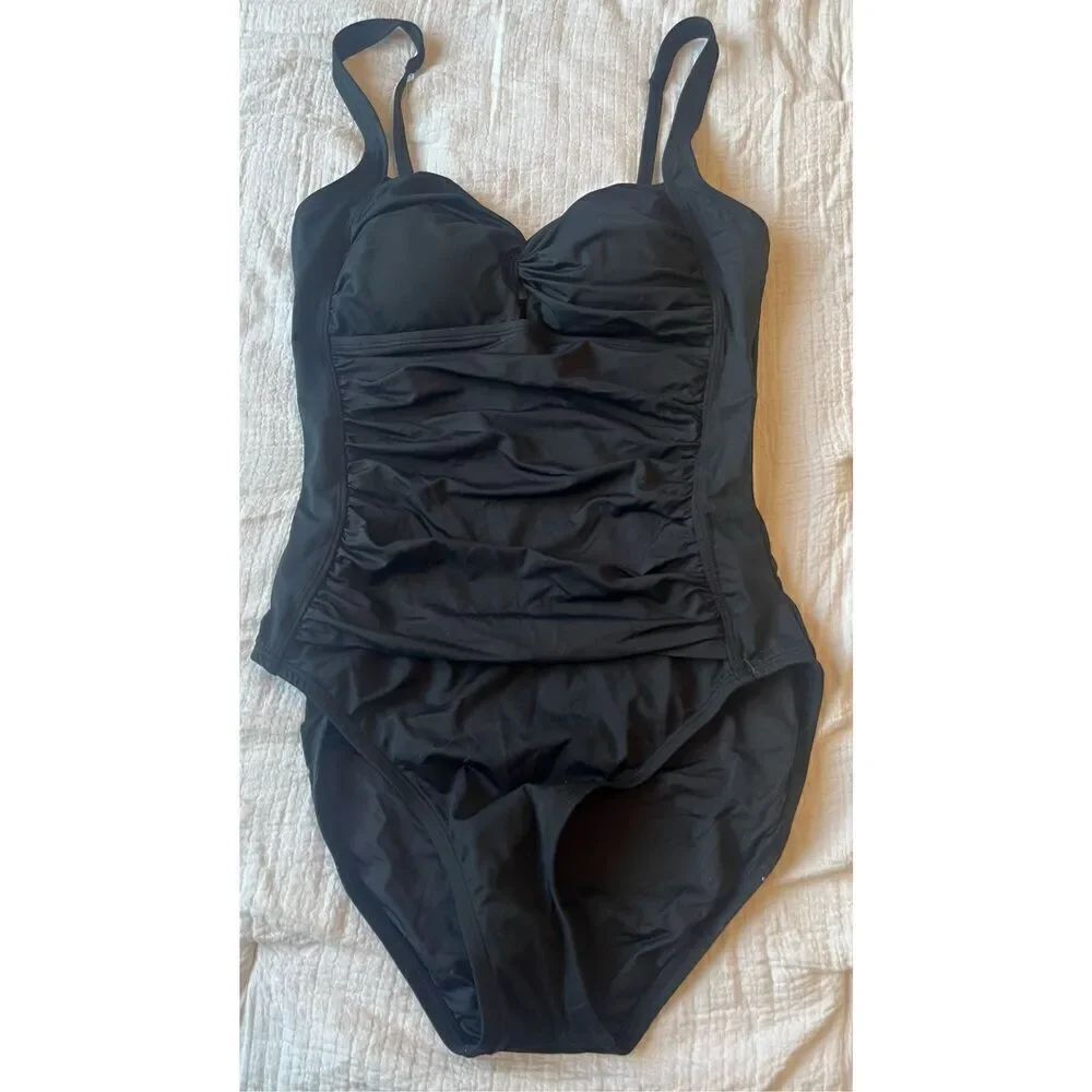 Black Slimming One Piece Swimsuit with Ruching NEW